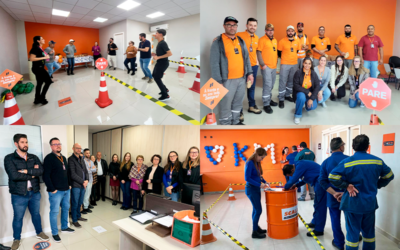 Fotografia ilustrativa - mosaico de fotos da equipe Scala realizando as atitivades de julho. Estão todos posando para a foto.
