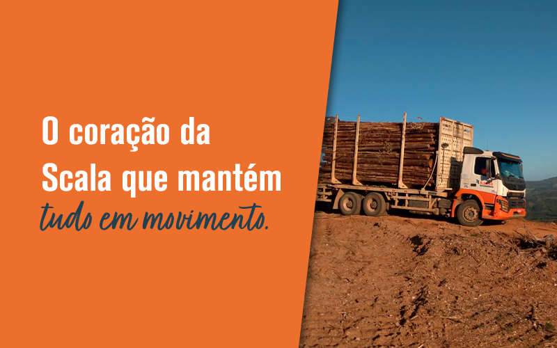 Imagem ilustrativa com foto de caminhão, design e texto: o coração da scala que mantém tudo em movimento