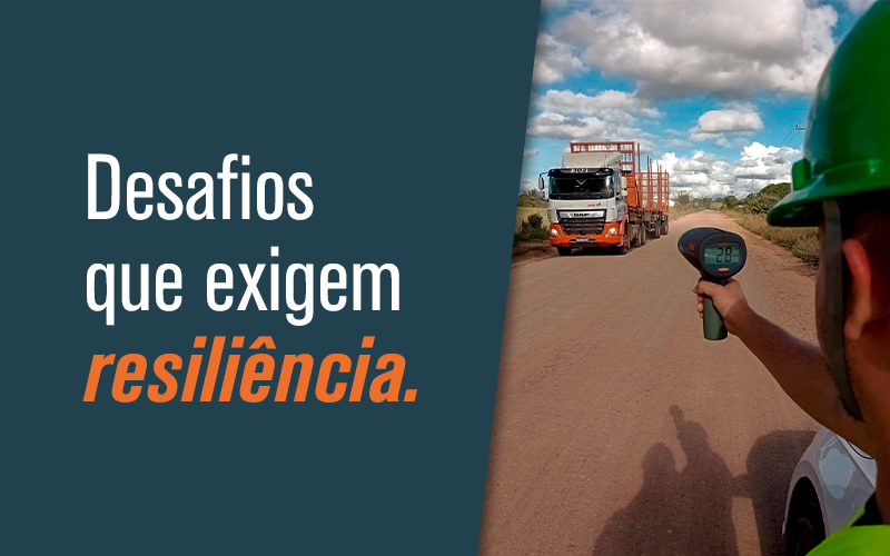Imagem ilustrativa com foto de caminhão, design e texto: desafios que exigem resiliência