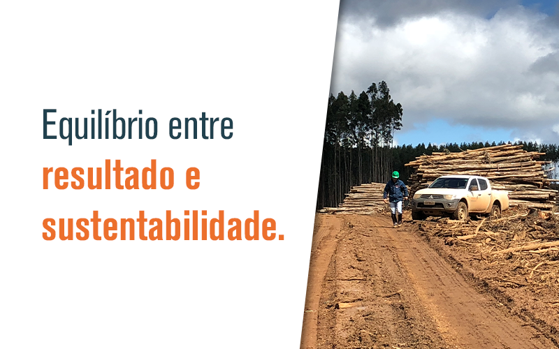 Imagem ilustrativa com foto de caminhão, design e texto: equilibrio entre resultado e sustentabilidade