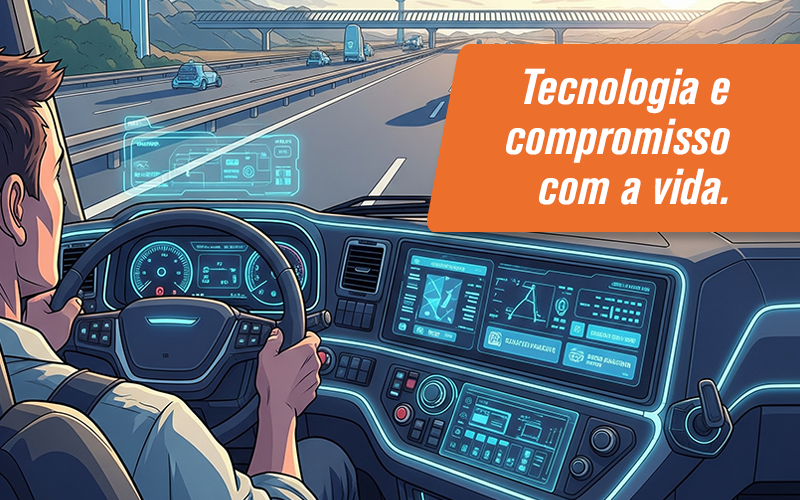 Design ilustrativo de um homem dirigindo um caminhão tecnológico adas